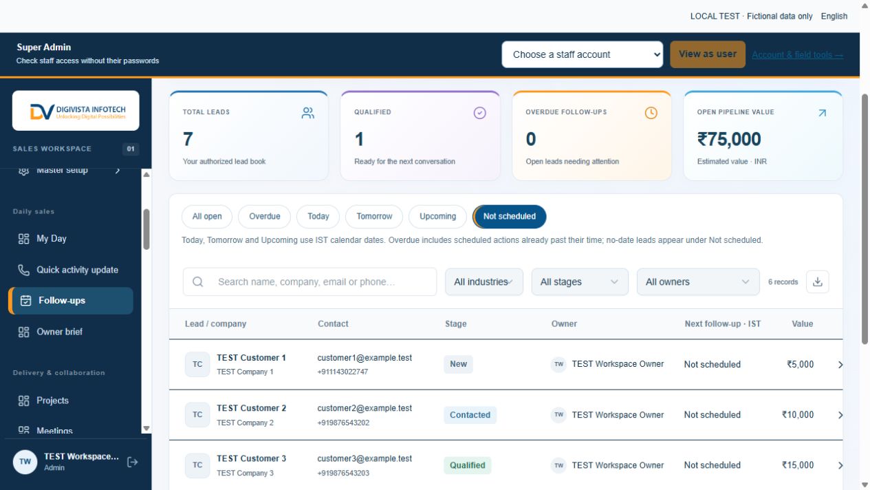 Fictional CRM Follow-ups screen showing day filters and unscheduled leads