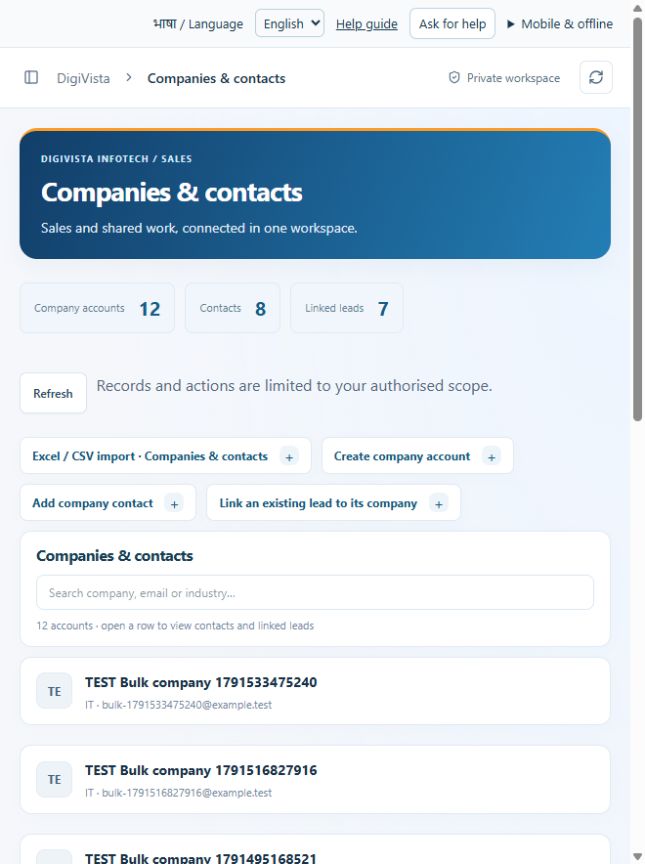 Companies & contacts screen preview
