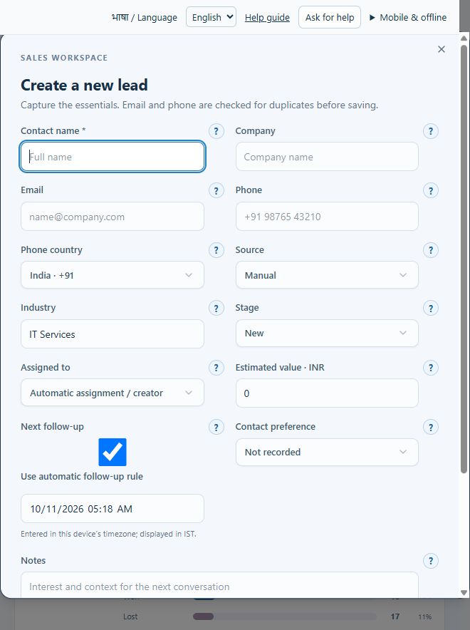 Empty create-lead form with name, company, contact, source, stage and follow-up fields
